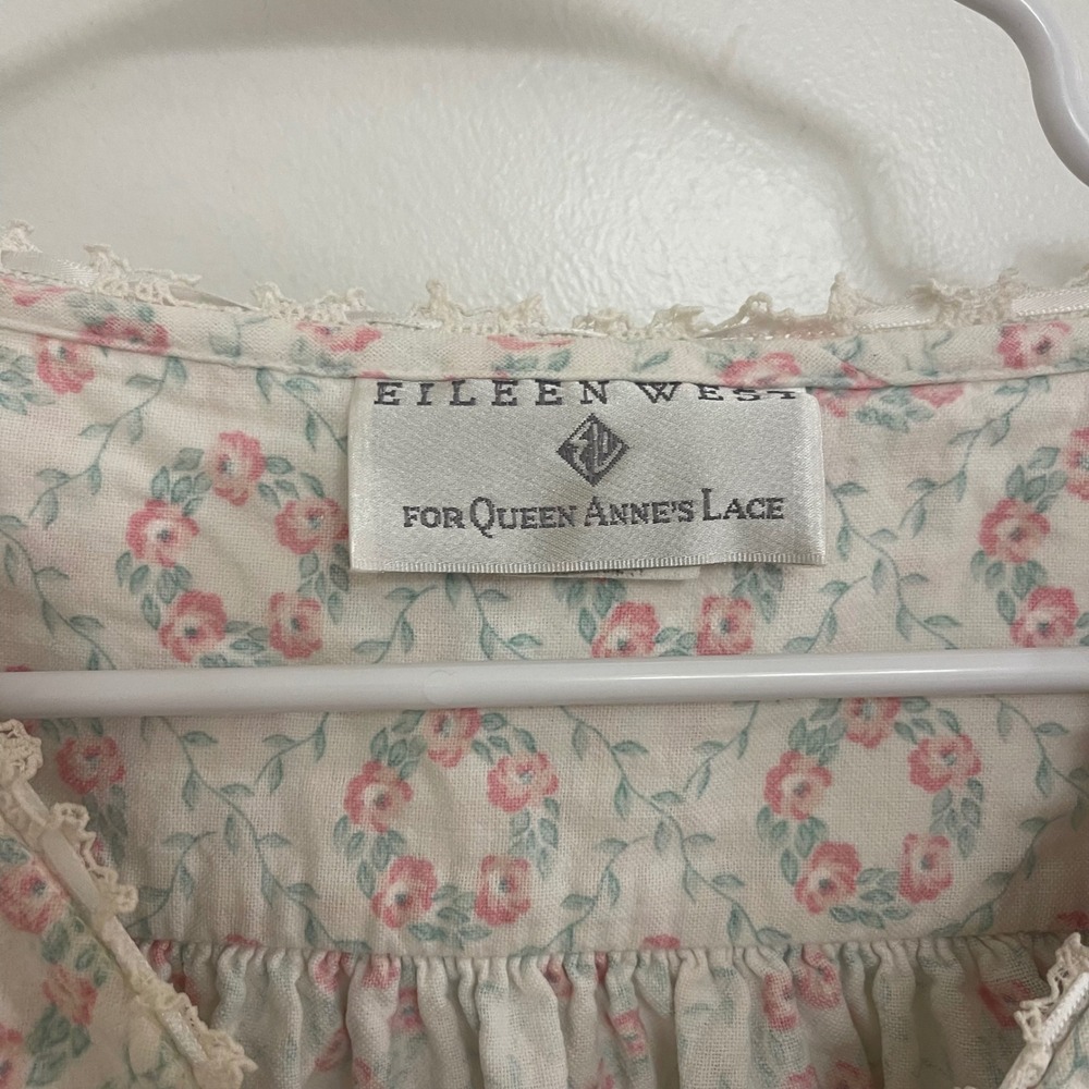 Vintage Eileen West Queen Anne's Lace Nightgown Wreath Print Quarter Sleeve - Picture 3 of 11